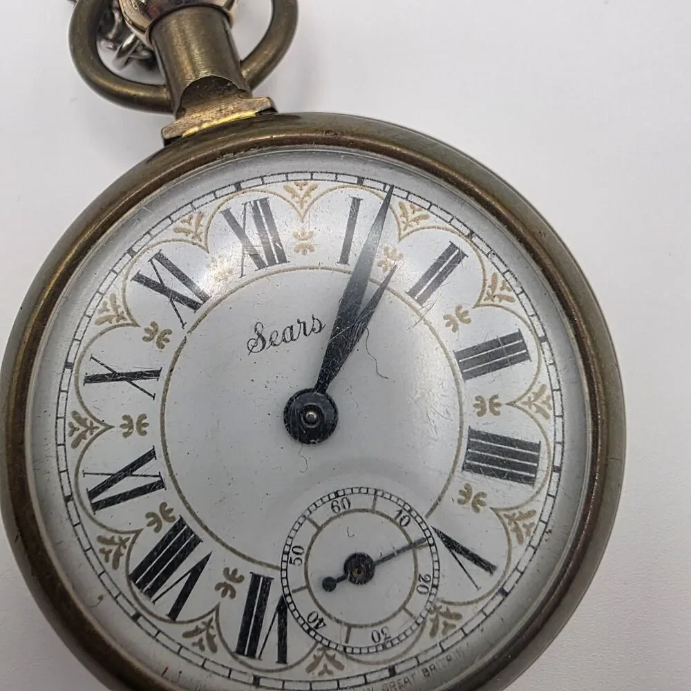 RARE Sears Railroad Brass Pocket Watch Steam Engine With Chain